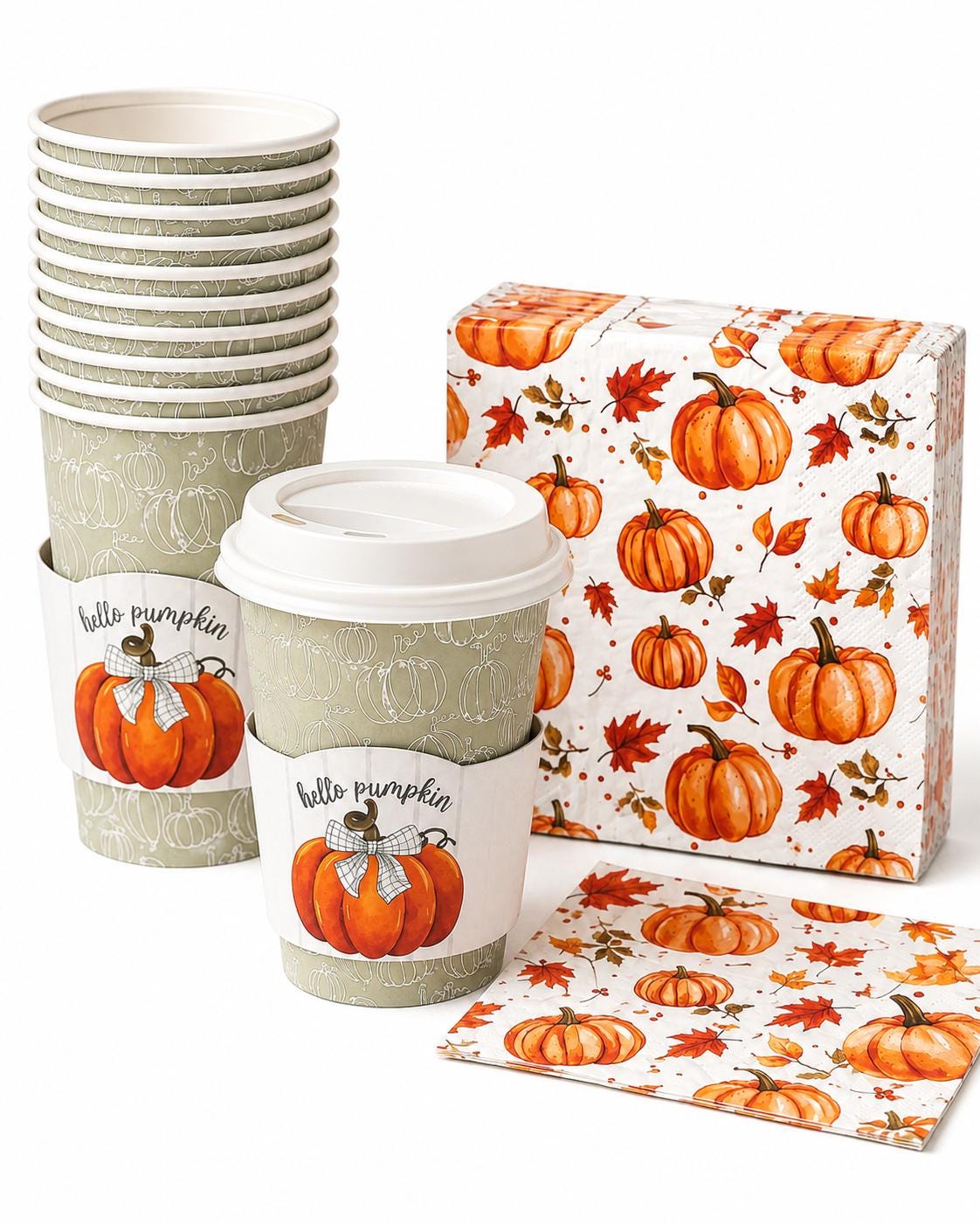 Fall Party Cups and Pumpkin Napkins Set Hot Drink Cups with Lids and Sleeves Thanksgiving Coffee Bar Decor