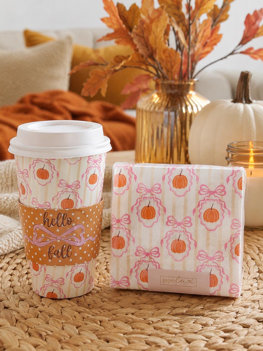 Pink Pumpkin Fall Party Cups and Napkins Set 16 oz Hot Drink Cups with Lids and Sleeves Thanksgiving Coffee Bar