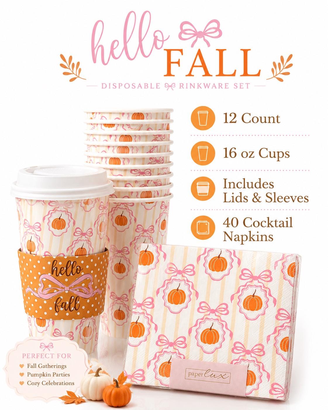 Pink Pumpkin Fall Party Cups and Napkins Set 16 oz Hot Drink Cups with Lids and Sleeves Thanksgiving Coffee Bar
