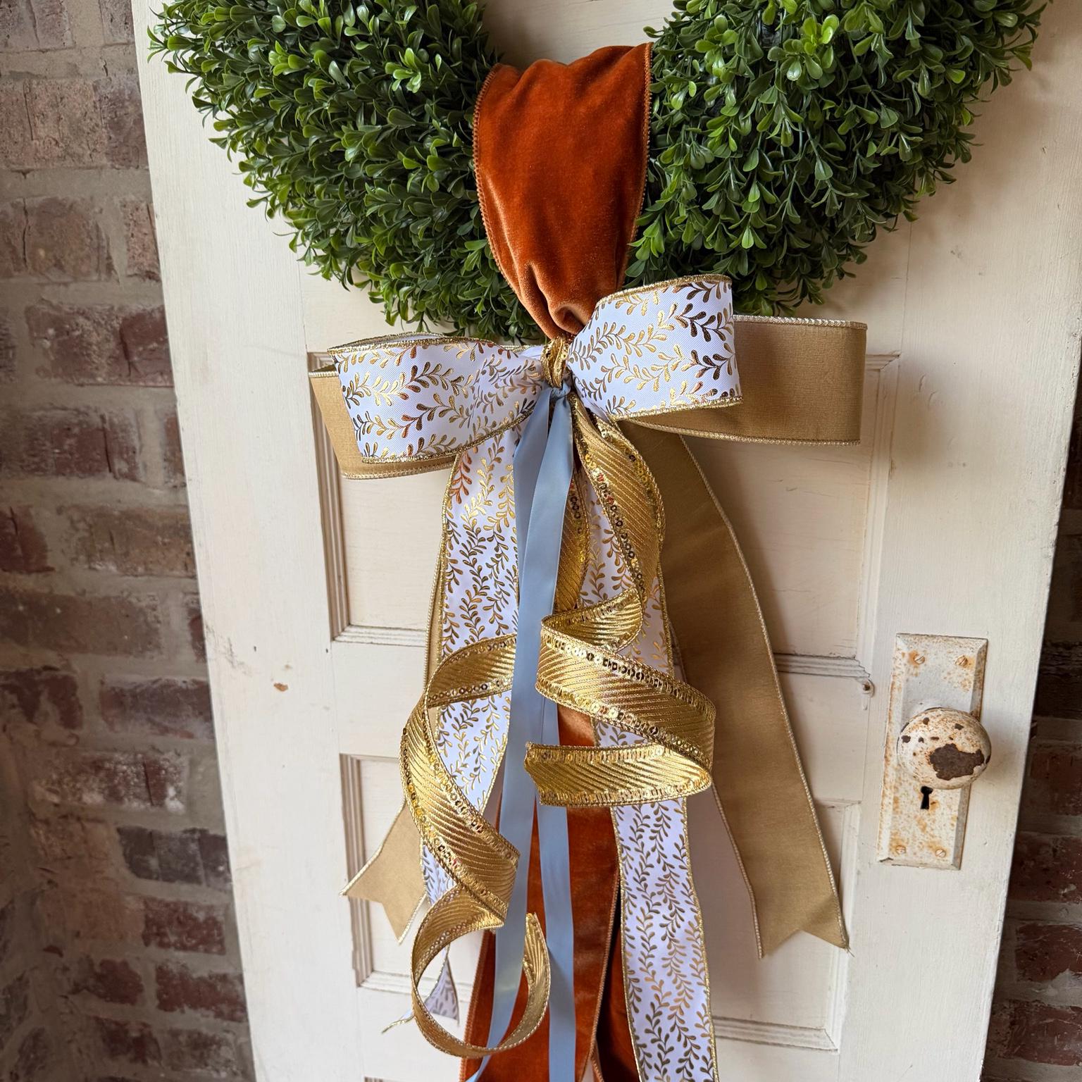 Fall Wreath Sash Luxury Front Door Bow Burnt Orange Velvet Gold Ribbon Autumn Wreath Decor