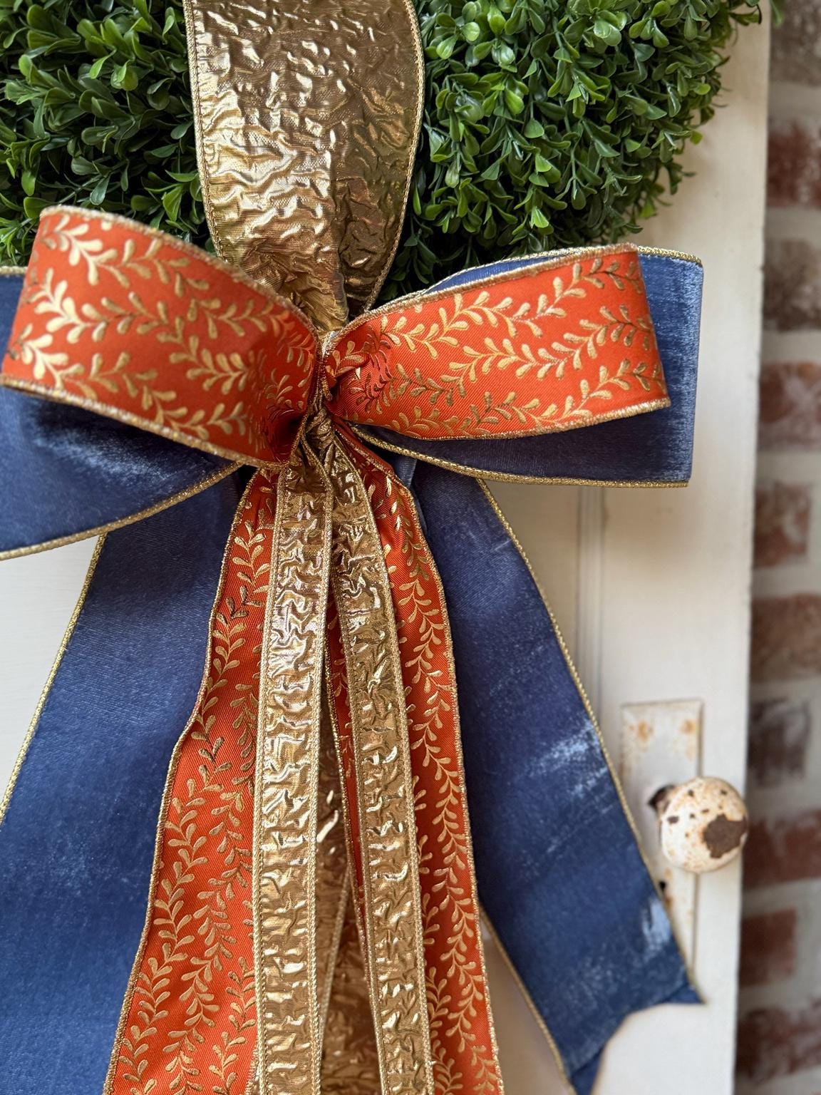 Fall Wreath Sash Navy Blue Orange Gold Wreath Bow Luxury Fall Front Door Decor Autumn Ribbon Bow