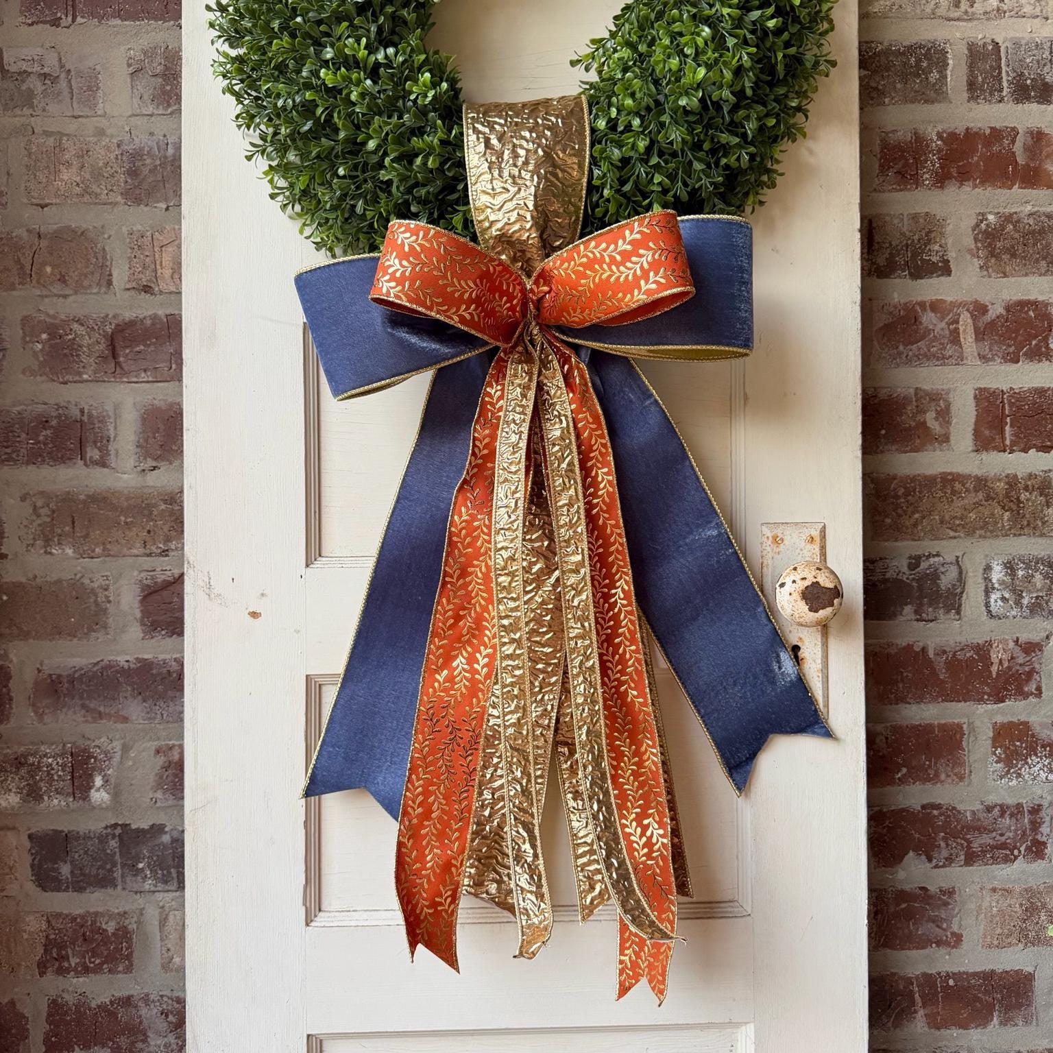 Fall Wreath Sash Navy Blue Orange Gold Wreath Bow Luxury Fall Front Door Decor Autumn Ribbon Bow