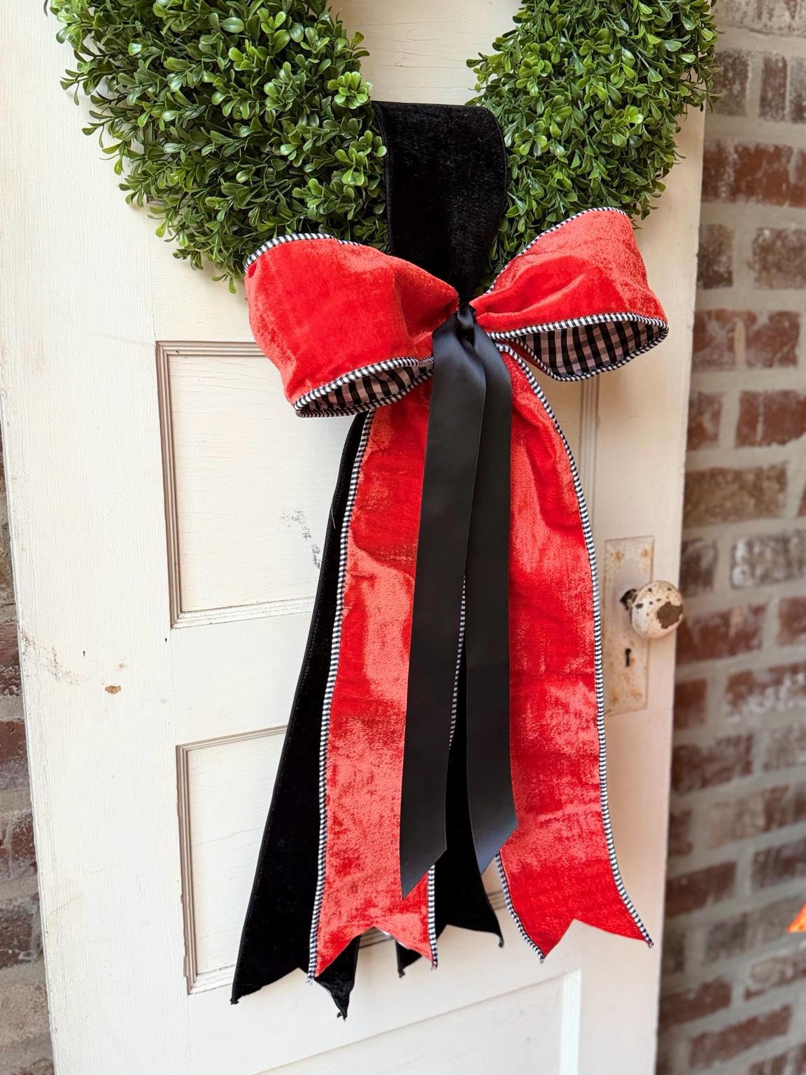 Orange Velvet Wreath Sash Black White Gingham Wreath Bow Front Door Decor Game Day School Color Decor