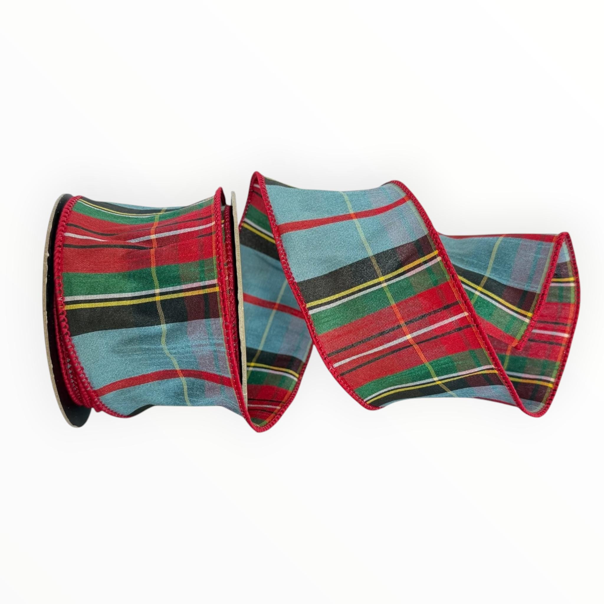 Christmas Ribbon Wired Traditional Tartan Plaid Faux Dupioni Red Green Blue Black White Wreath Ribbon