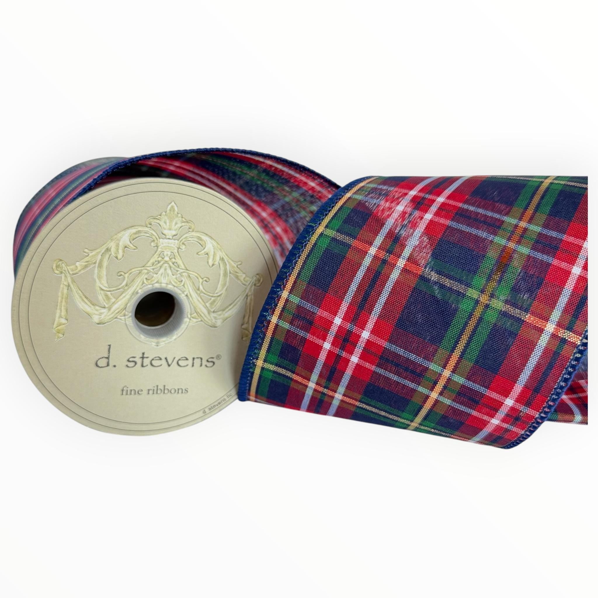D. Stevens Christmas Ribbon Wired Devon Plaid Red Navy Green Cotton Wreath Ribbon 4 Inch x 10 Yards