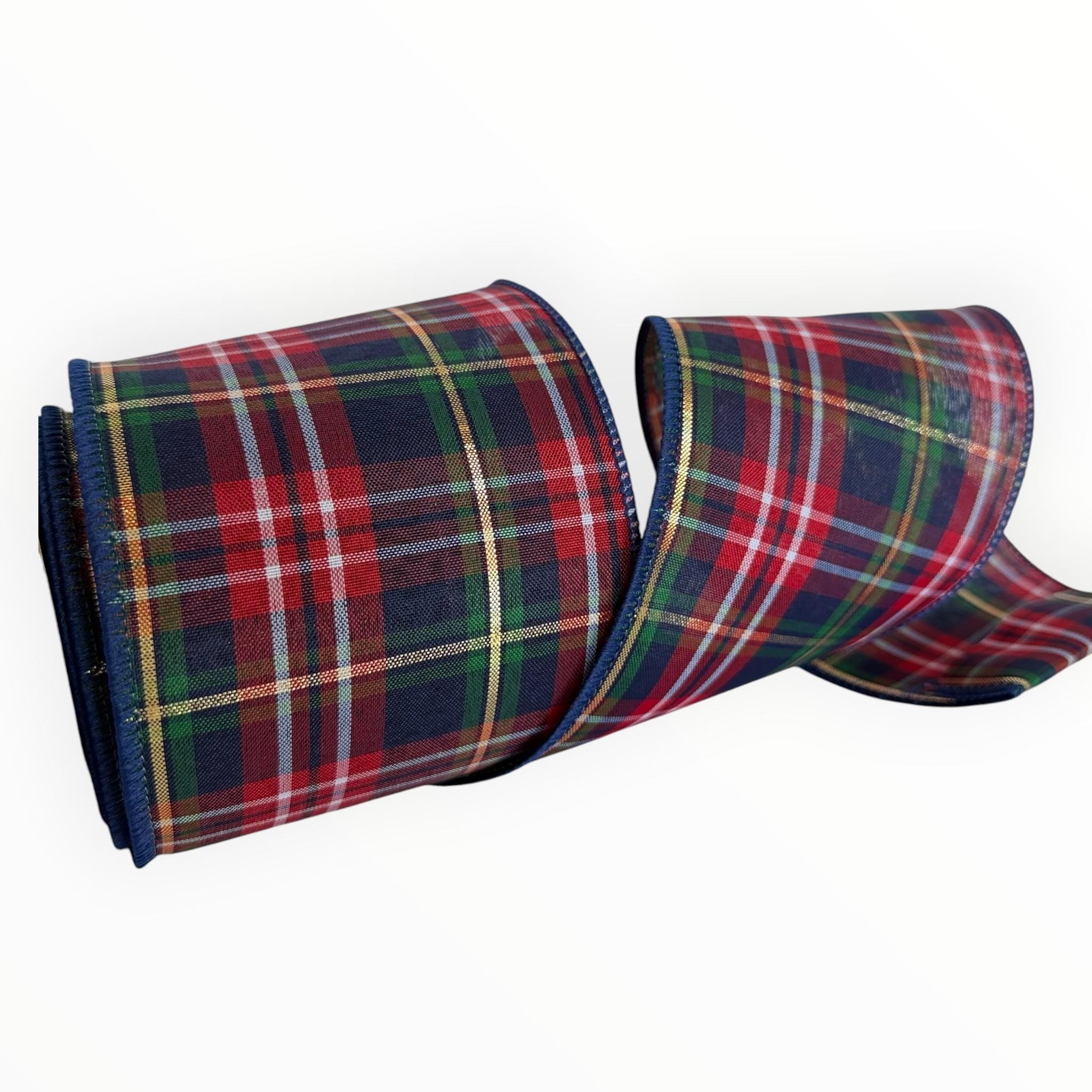 D. Stevens Christmas Ribbon Wired Devon Plaid Red Navy Green Cotton Wreath Ribbon 4 Inch x 10 Yards