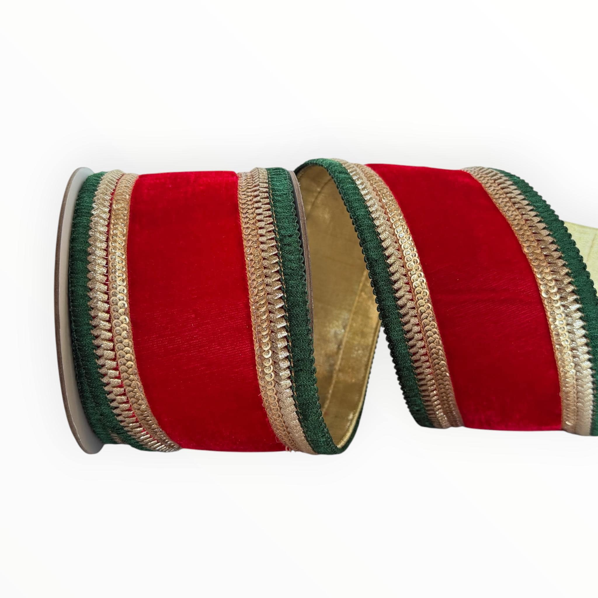 Red Velvet Christmas Ribbon Gold & Green Wired Ribbon by Farrisilk