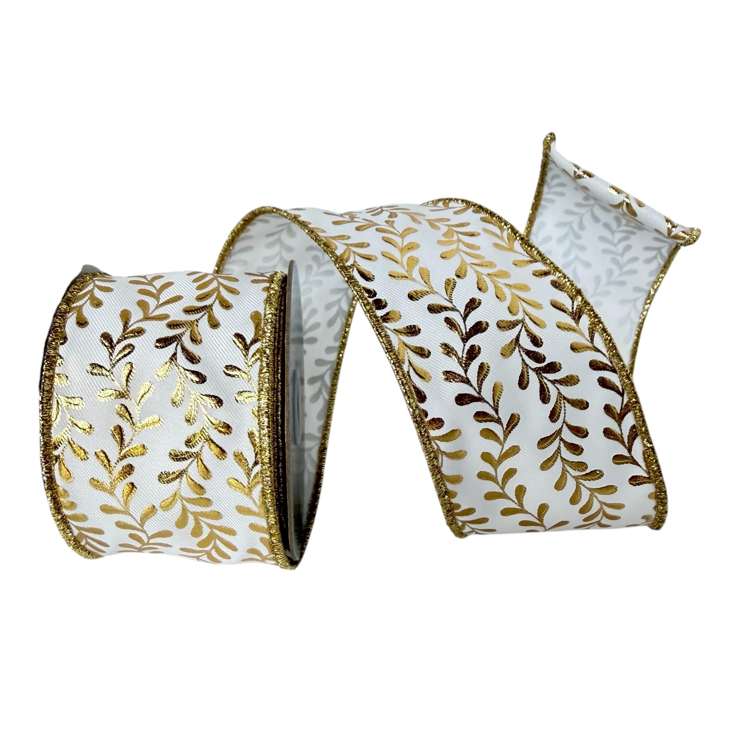 White with Gold Foil Leaf Wired Ribbon: Fall to Christmas Decor (10 Yards)