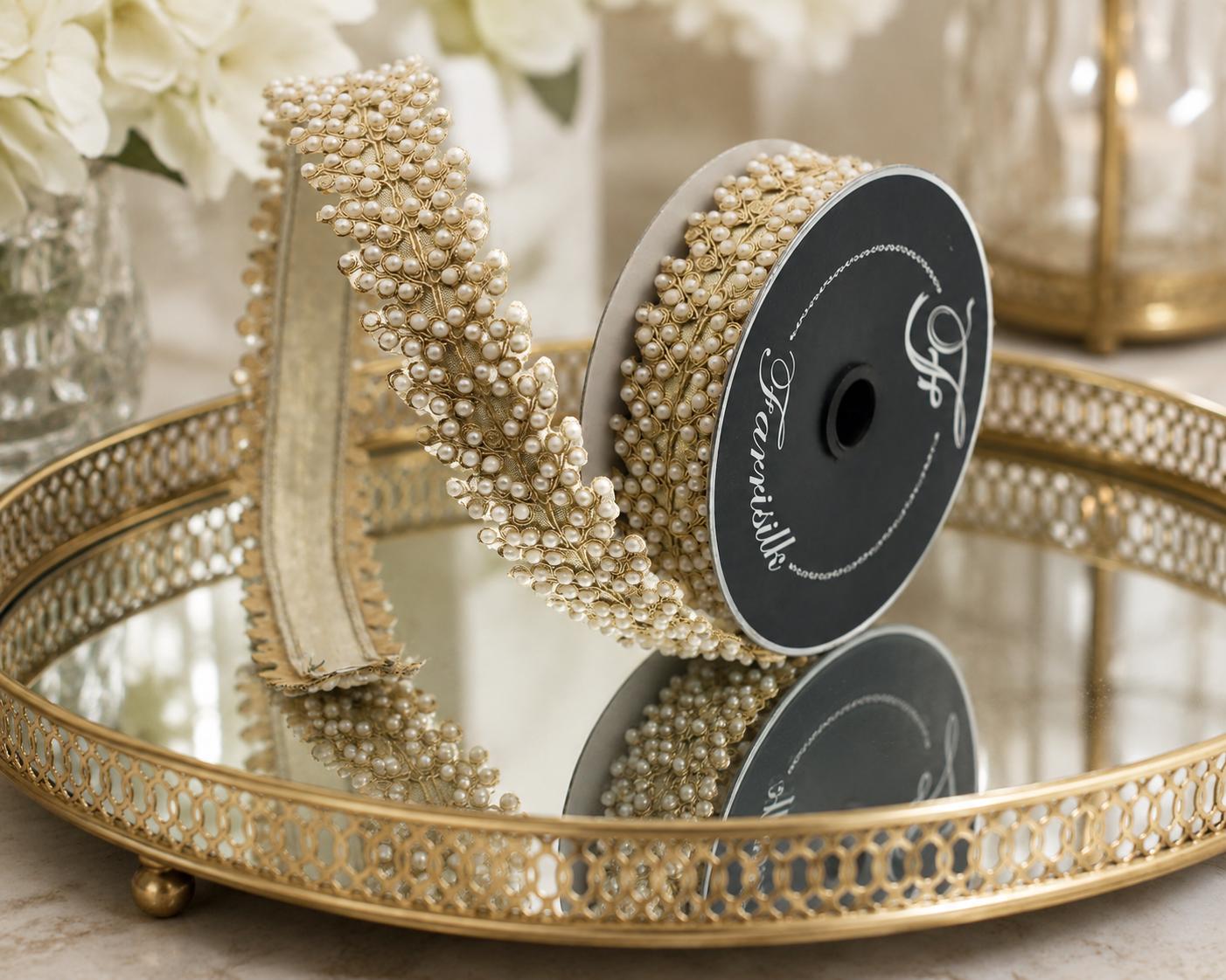 Pearl Wired Ribbon Designer Ribbon Ivory Gold Ribbon Wedding Christmas Wreath Bow Ribbon 1.5"