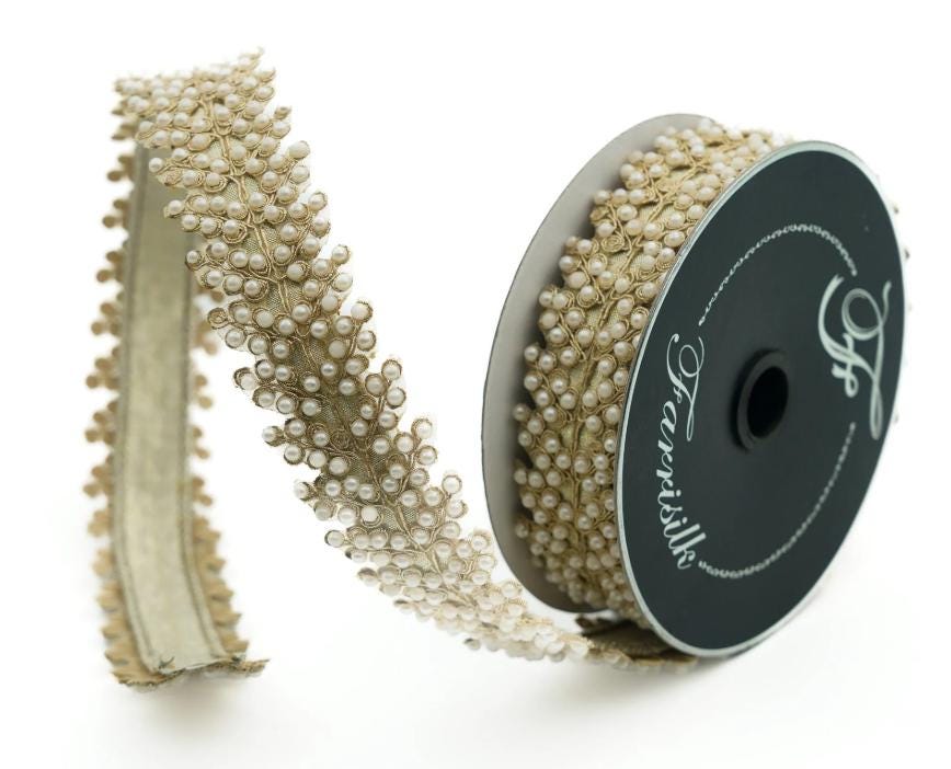 Pearl Wired Ribbon Designer Ribbon Ivory Gold Ribbon Wedding Christmas Wreath Bow Ribbon 1.5"