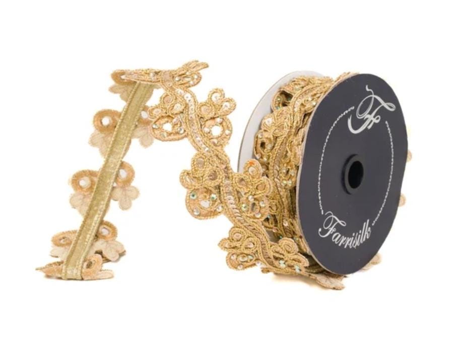 Gold Jeweled Wired Ribbon | Designer Floral Scroll Christmas Wedding Decor | Farrisilk Ribbon