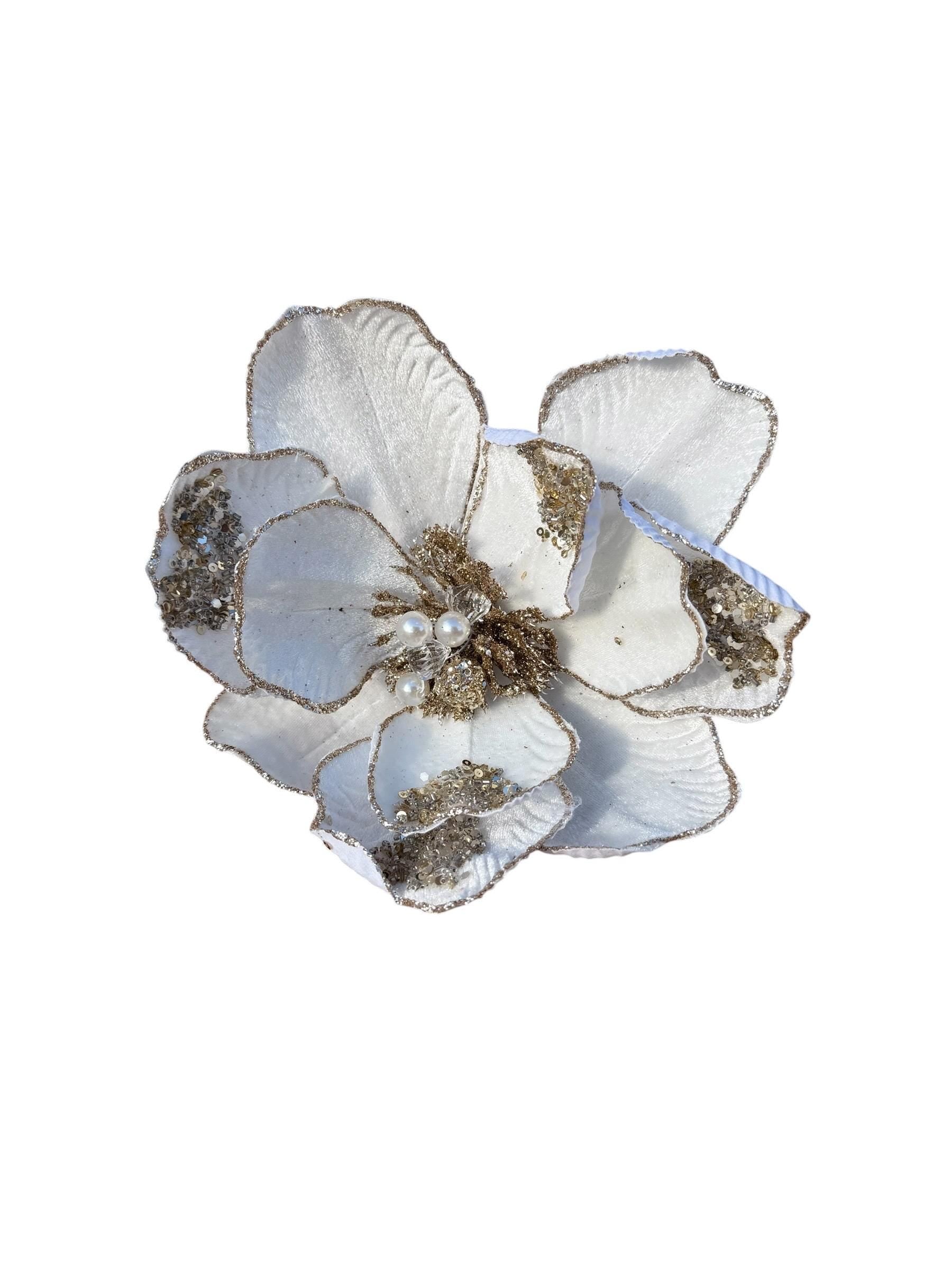 Christmas Tree Decor Cream Magnolia Flower with Gold Glitter Beads & Jeweled Accents