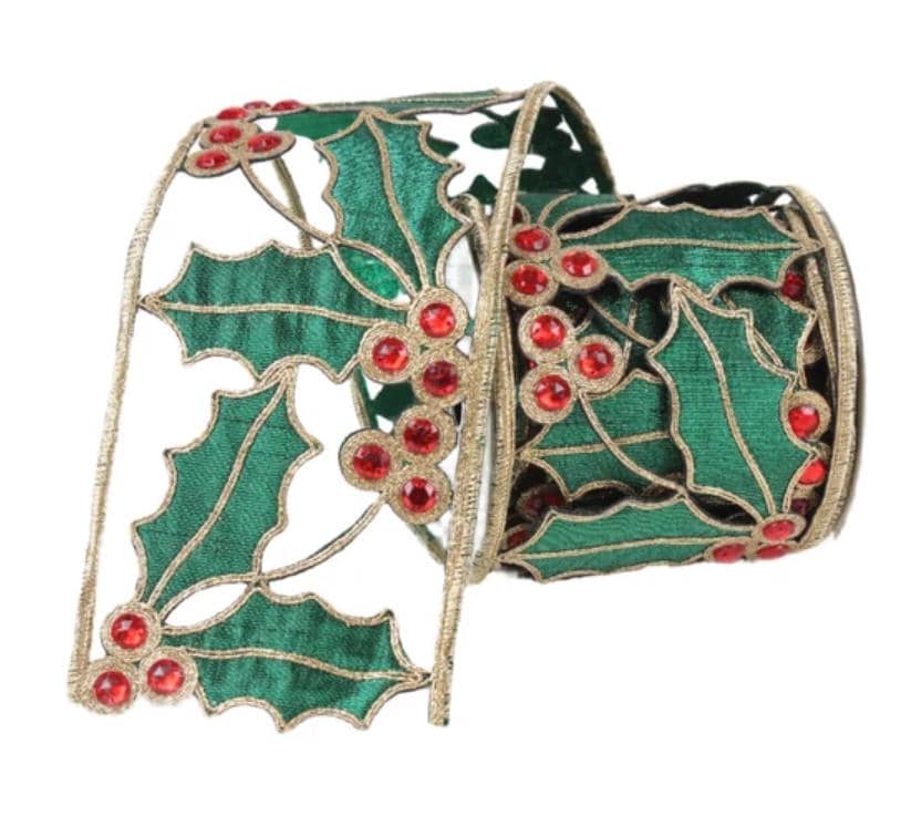 Green holly Christmas wired ribbon with red jeweled berries and metallic gold trim on a roll