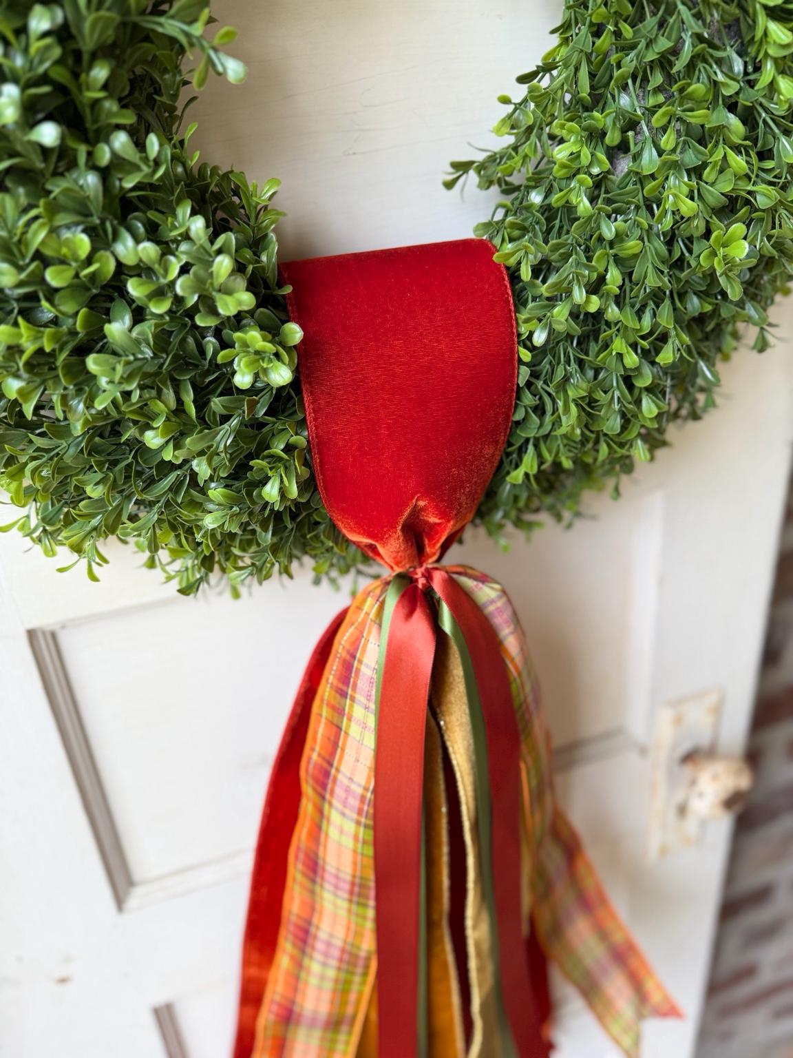 Fall Wreath Sash 28 Inch Rust Gold Green Plaid Front Door Decor Velvet Cotton Satin Ribbon
