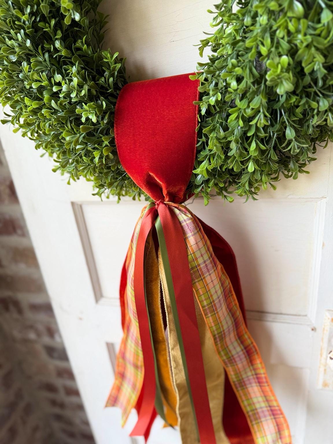 Fall Wreath Sash 28 Inch Rust Gold Green Plaid Front Door Decor Velvet Cotton Satin Ribbon