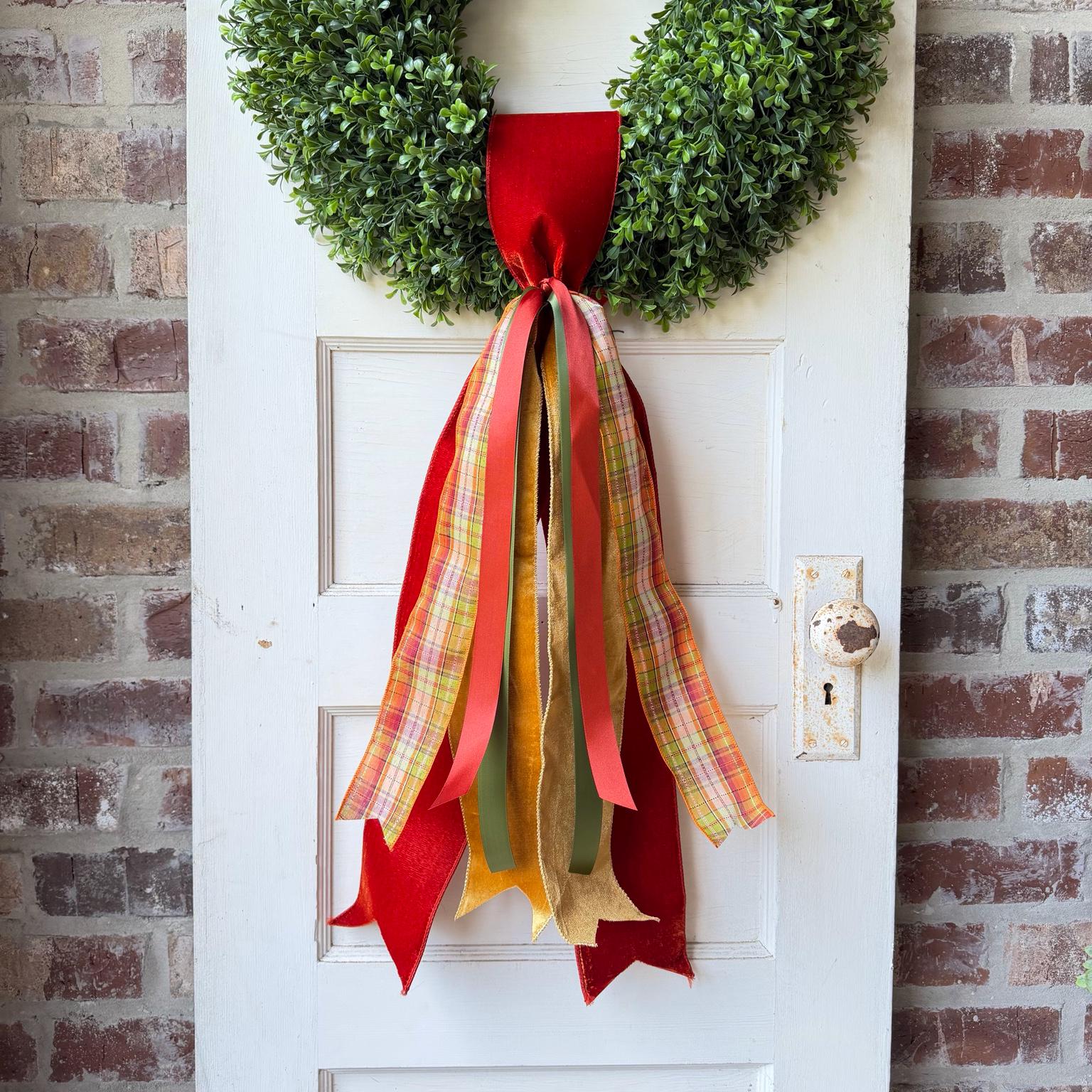 Fall Wreath Sash 28 Inch Rust Gold Green Plaid Front Door Decor Velvet Cotton Satin Ribbon