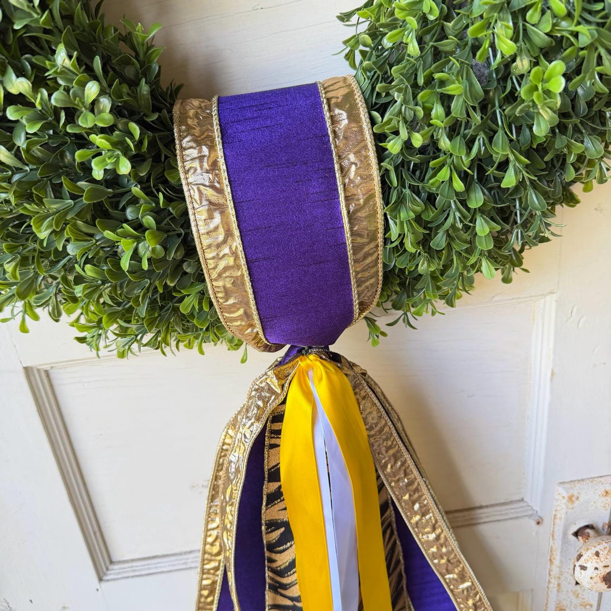 Purple Gold Wreath Sash Tiger Print Game Day Front Door Decor Football Wreath Bow