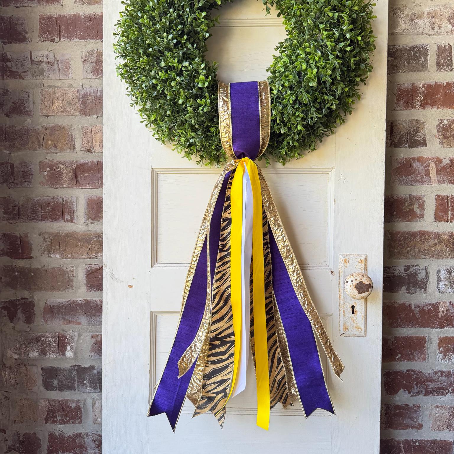 Purple Gold Wreath Sash Tiger Print Game Day Front Door Decor Football Wreath Bow