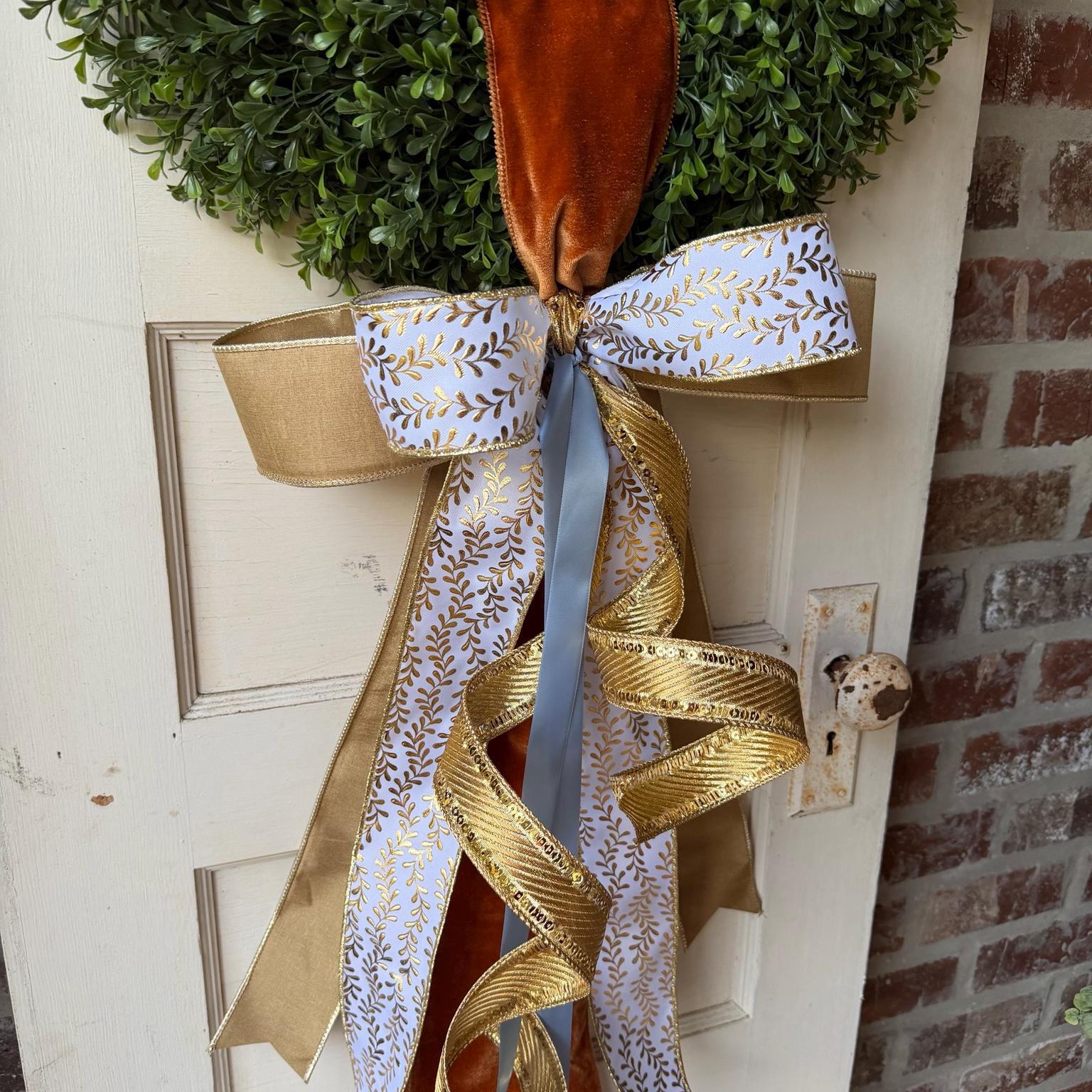 Fall Wreath Sash Luxury Front Door Bow Burnt Orange Velvet Gold Ribbon Autumn Wreath Decor