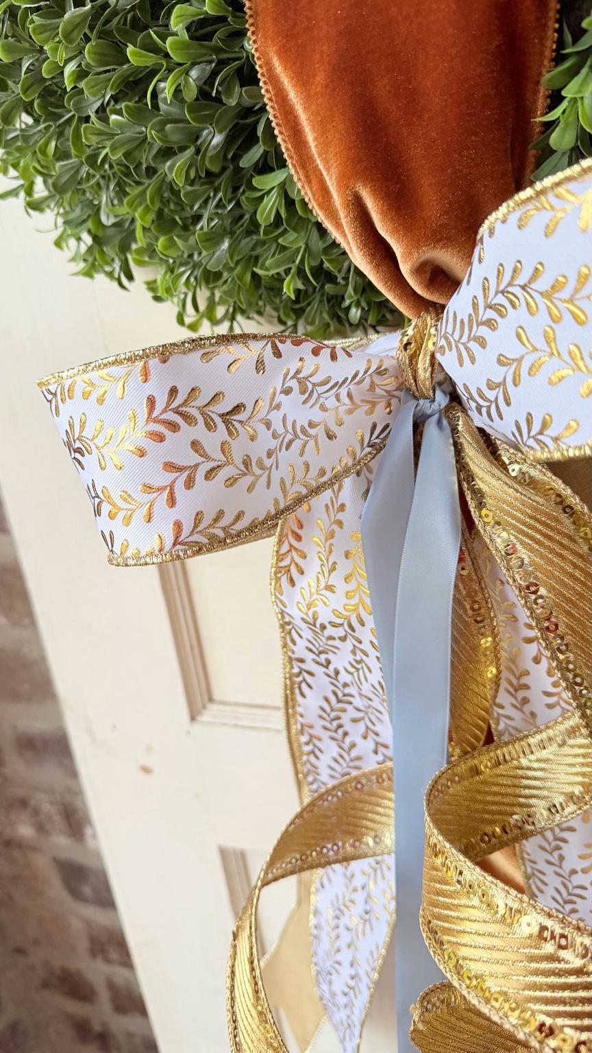 Fall Wreath Sash Luxury Front Door Bow Burnt Orange Velvet Gold Ribbon Autumn Wreath Decor