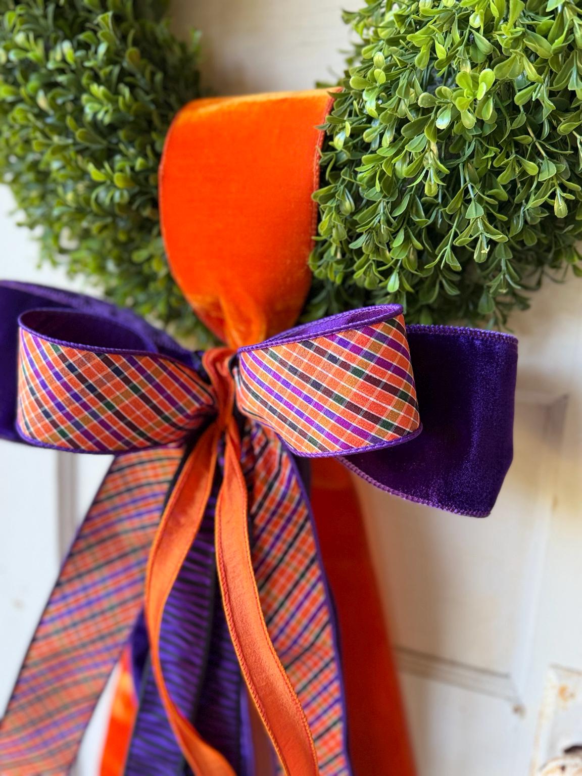 Fall Wreath Sash Orange Purple Plaid Wreath Bow Halloween Front Door Decor Game Day Wreath Sash