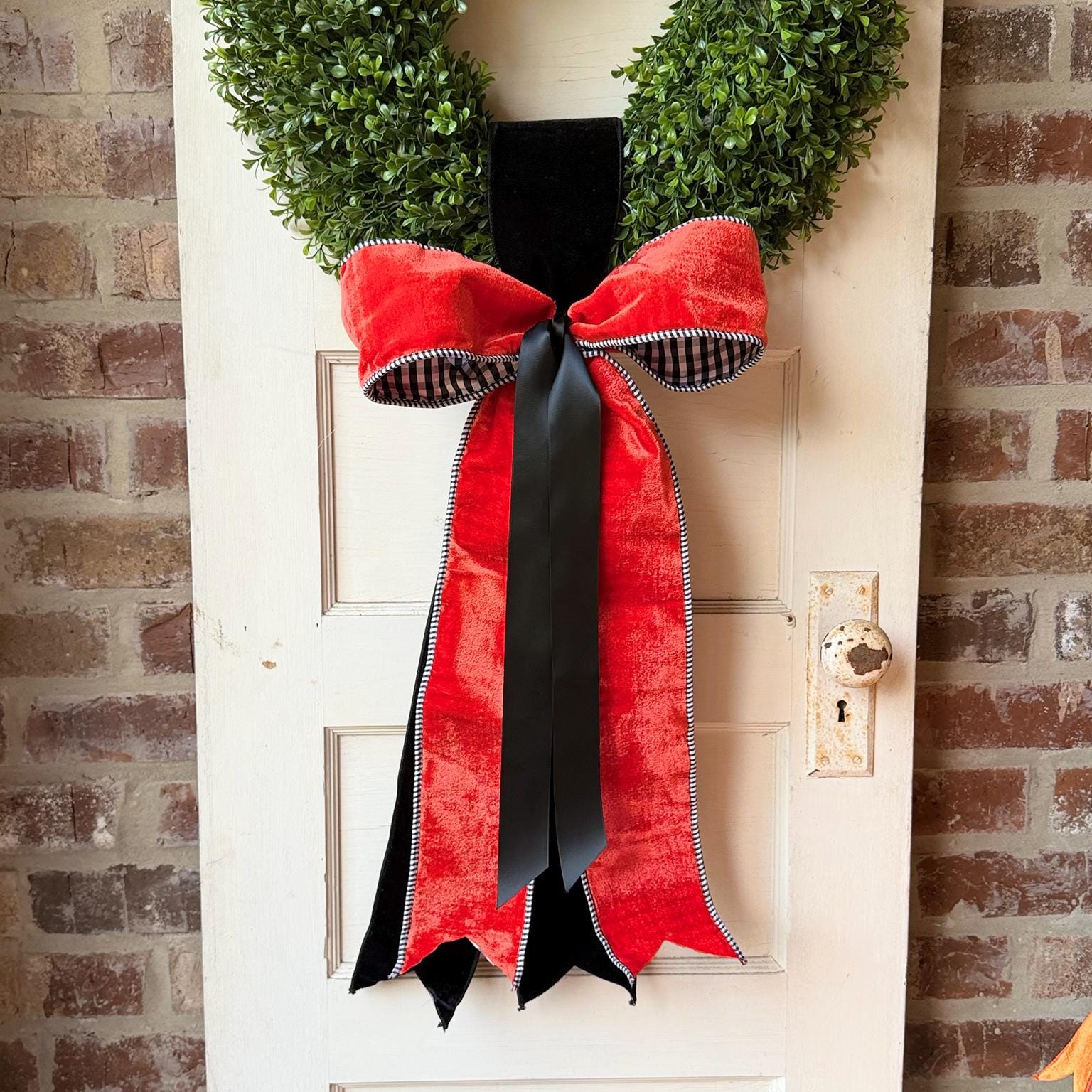 Orange Velvet Wreath Sash Black White Gingham Wreath Bow Front Door Decor Game Day School Color Decor