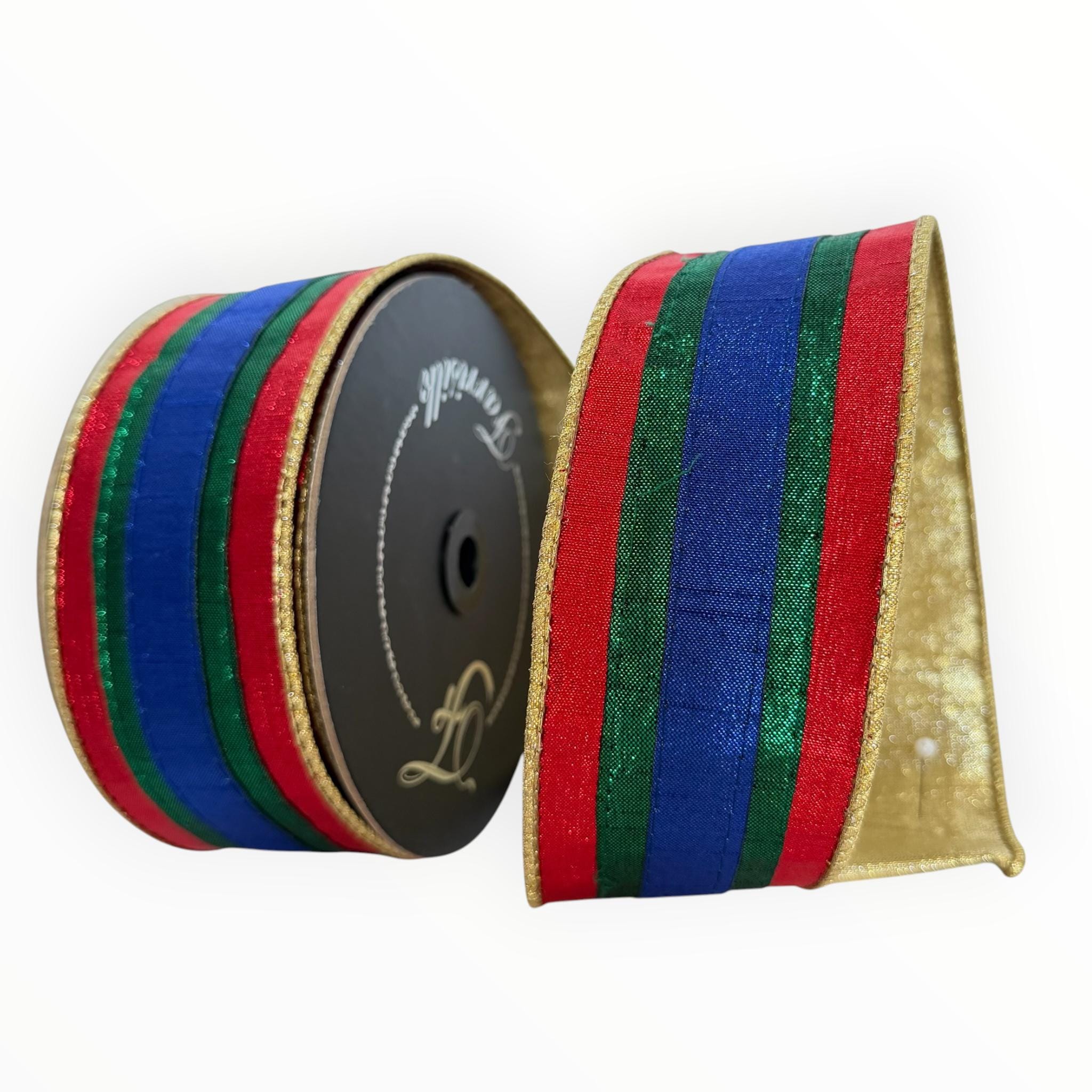 Multicolor Striped Christmas Wired Ribbon with Gold Reverse
