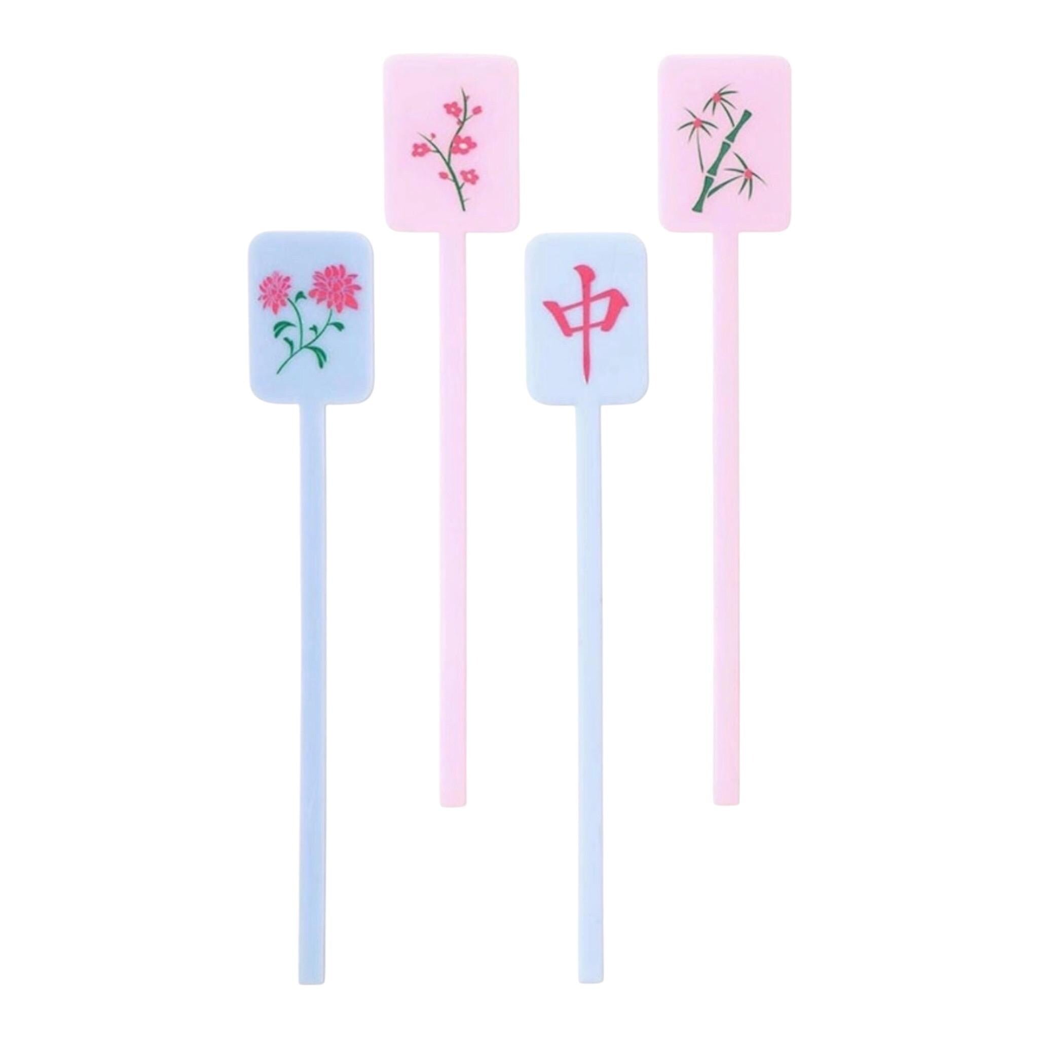 Mahjong Drink Stirrers Set of 4 Acrylic Mahjong Party Accessories Pink Blue Game Night Drink Sticks Mahjong Gift
