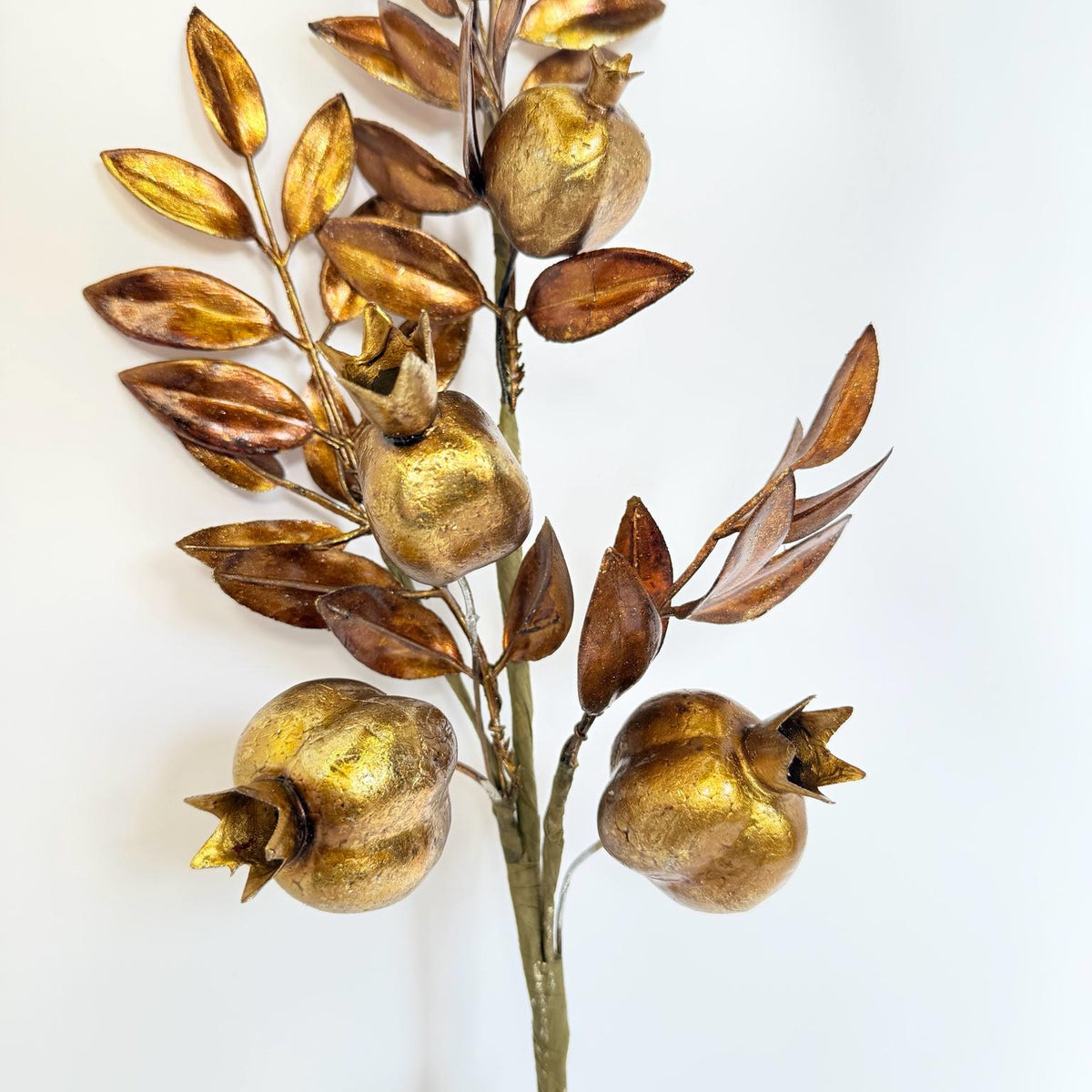 Gold Copper Pomegranate Stem Metallic Floral Spray Fall Christmas Decor Faux Pomegranate Branch Holiday Floral