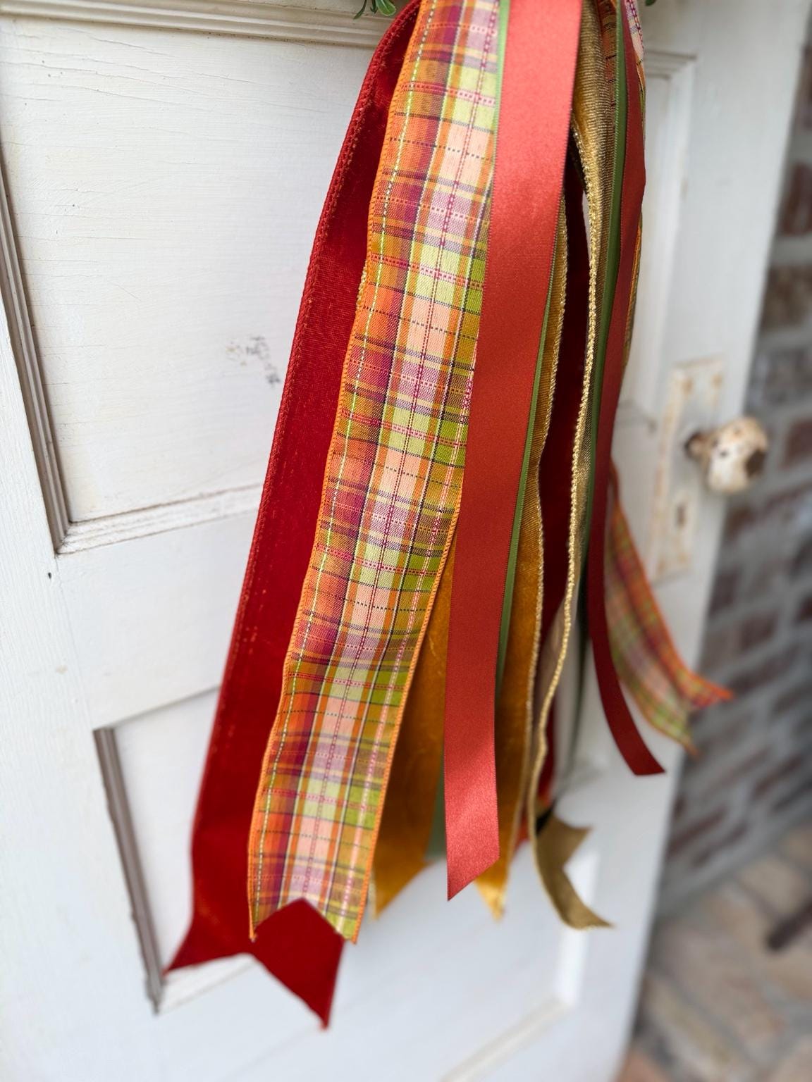Fall Wreath Sash 28 Inch Rust Gold Green Plaid Front Door Decor Velvet Cotton Satin Ribbon