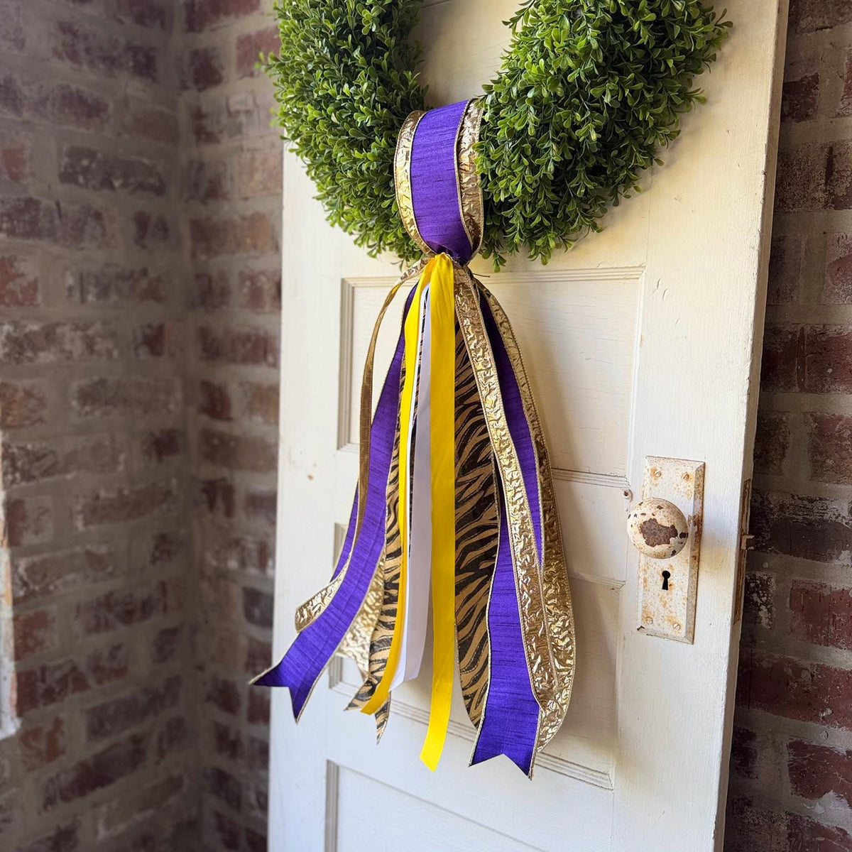 Purple Gold Wreath Sash Tiger Print Game Day Front Door Decor Football Wreath Bow