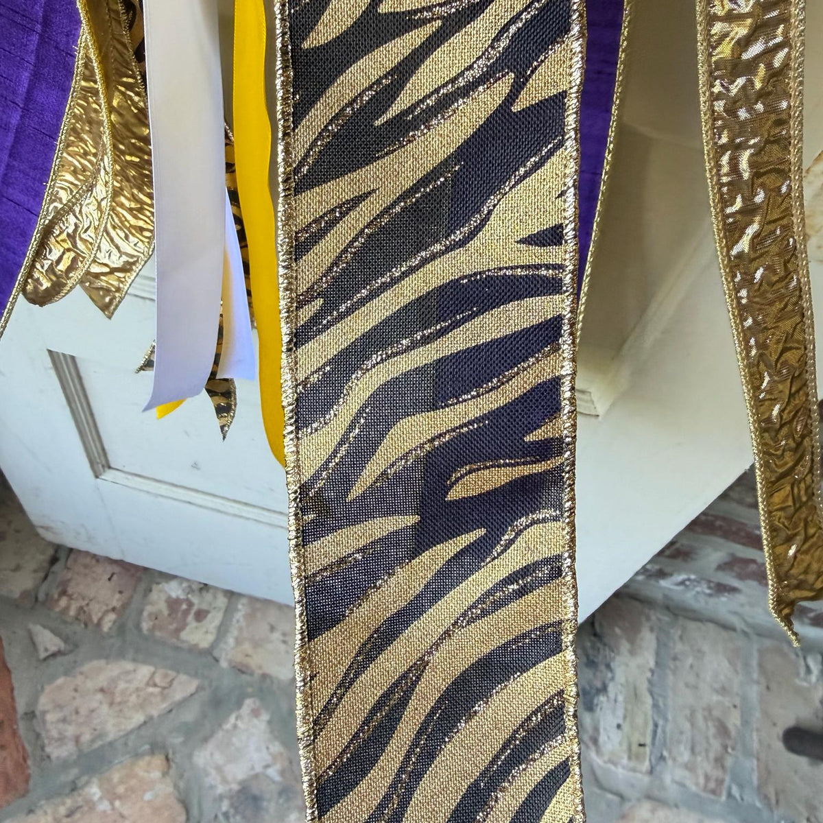 Purple Gold Wreath Sash Tiger Print Game Day Front Door Decor Football Wreath Bow