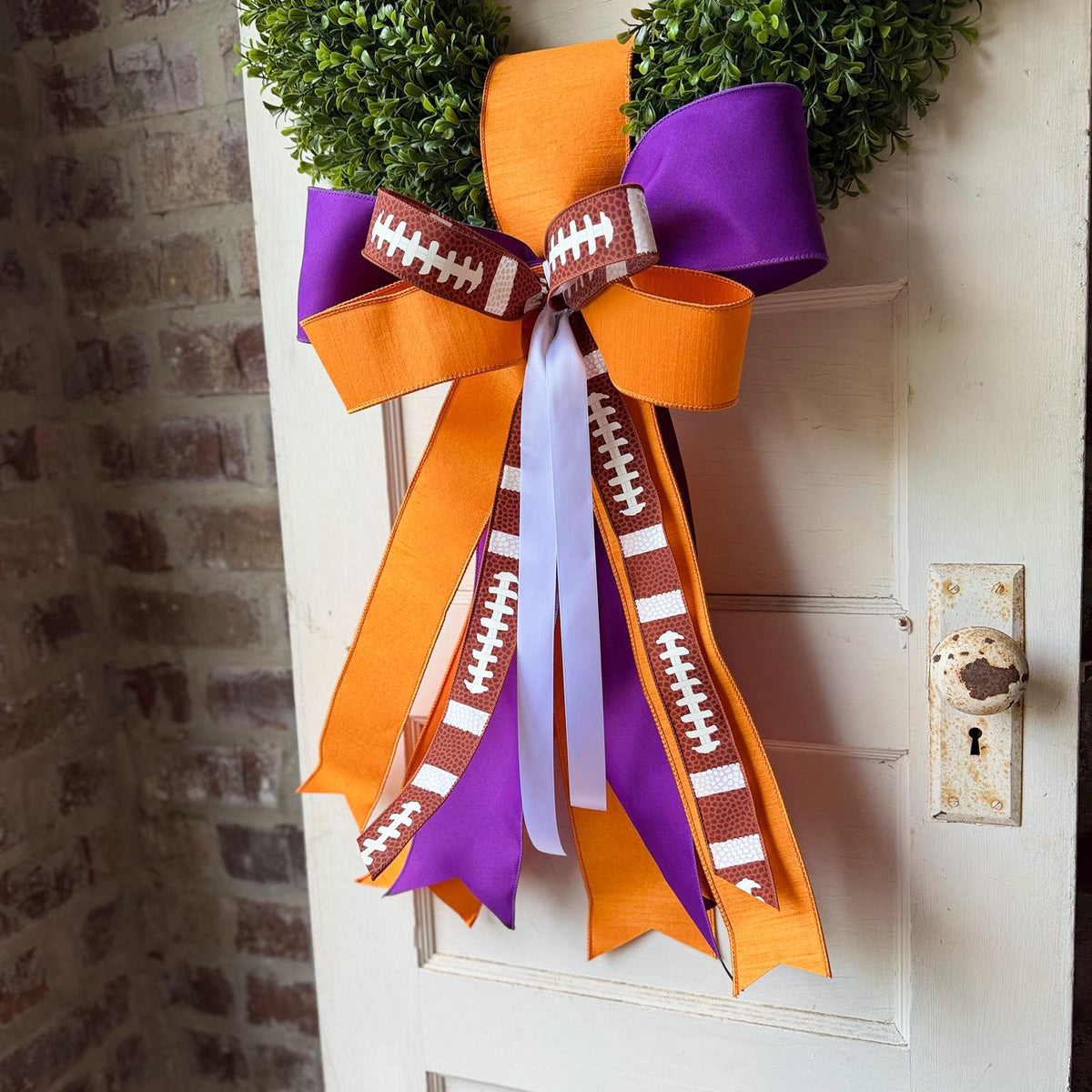 Football Wreath Sash Purple Orange Game Day Wreath Bow Front Door Decor Team Spirit Football Door Bow
