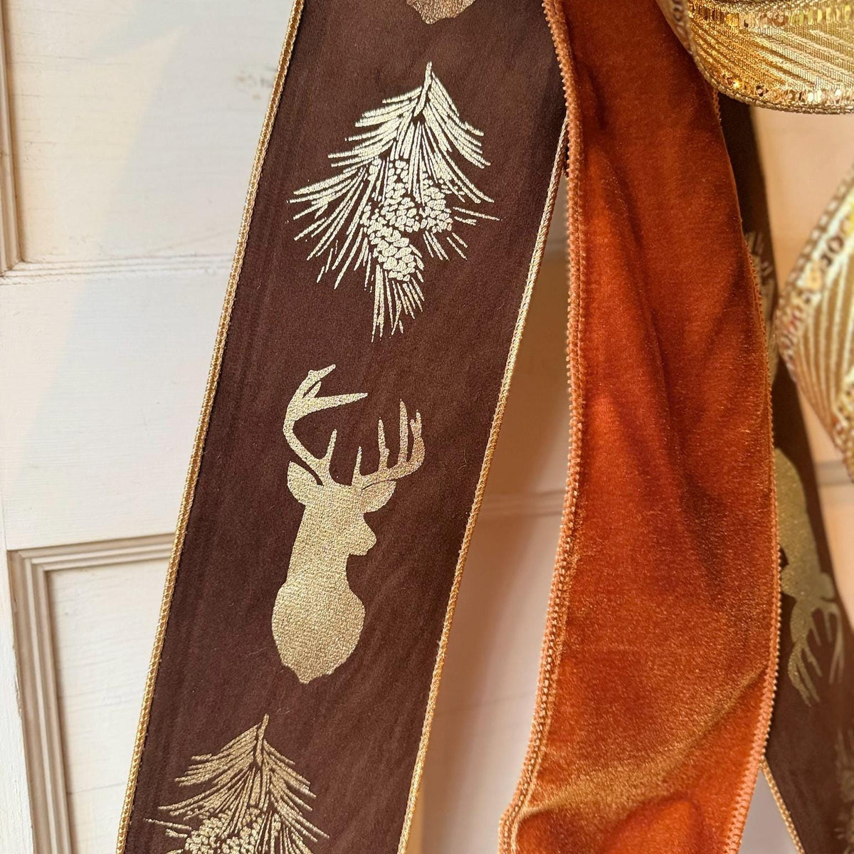 Fall Wreath Bow Brown Deer Ribbon Orange Velvet Gold Accent Rustic Woodland Front Door Decor Handmade Wreath Sash