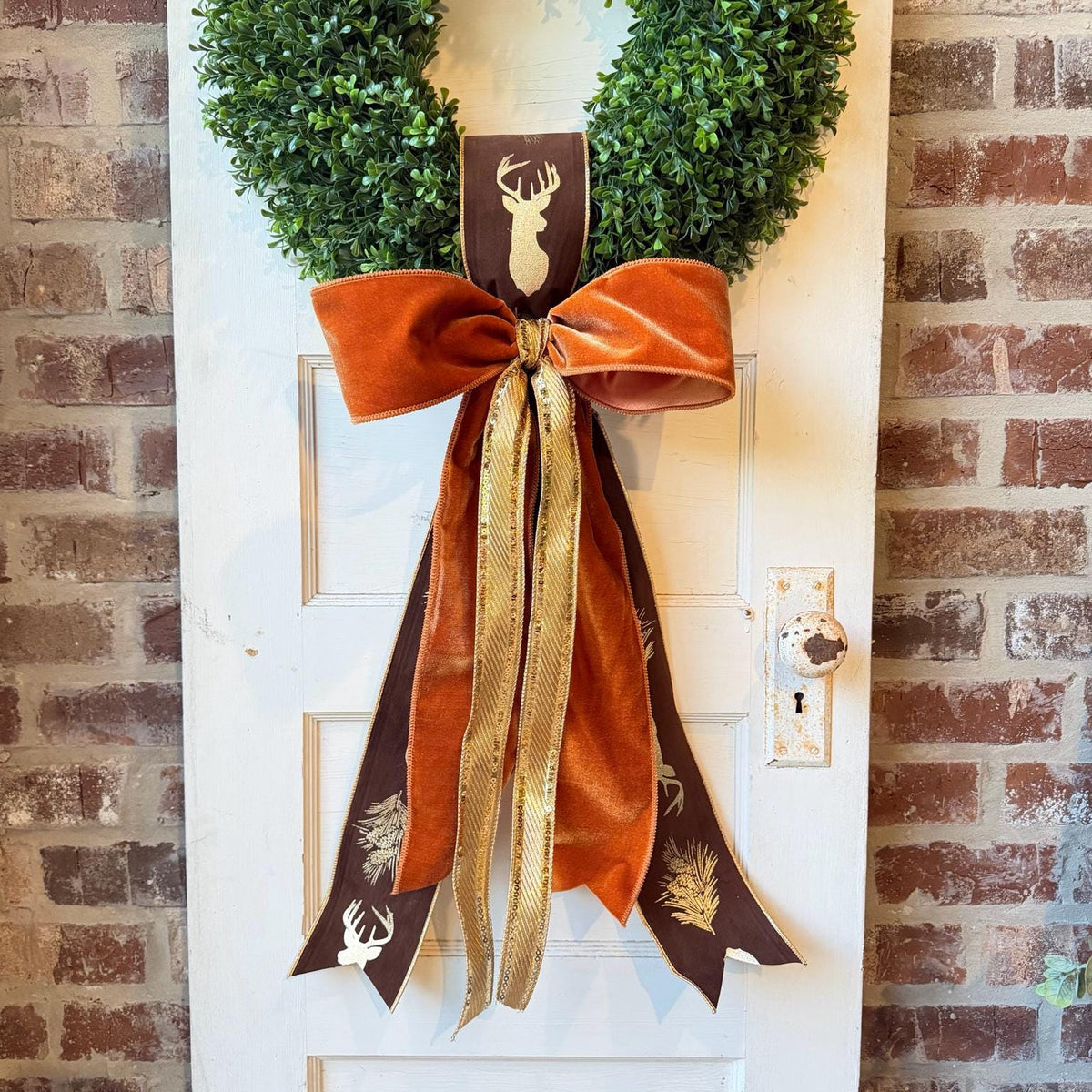 Fall Wreath Bow Brown Deer Ribbon Orange Velvet Gold Accent Rustic Woodland Front Door Decor Handmade Wreath Sash