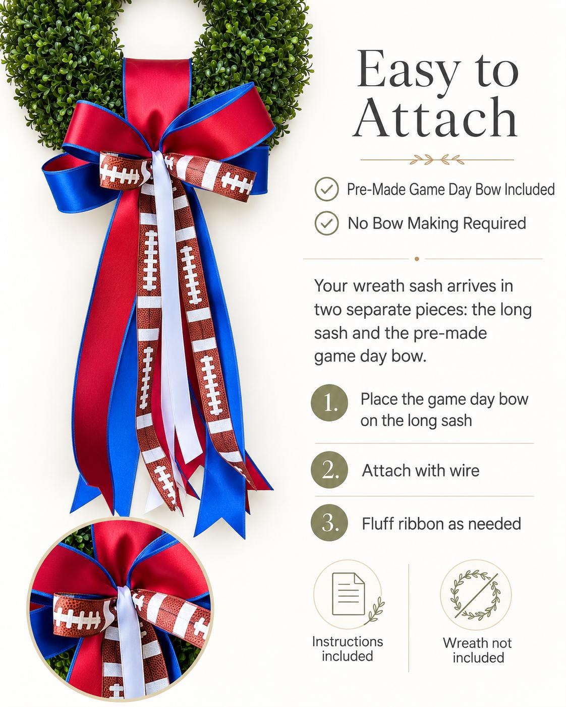 Football Wreath Sash Royal Blue and Red Game Day Wreath Bow School Colors Front Door Decor
