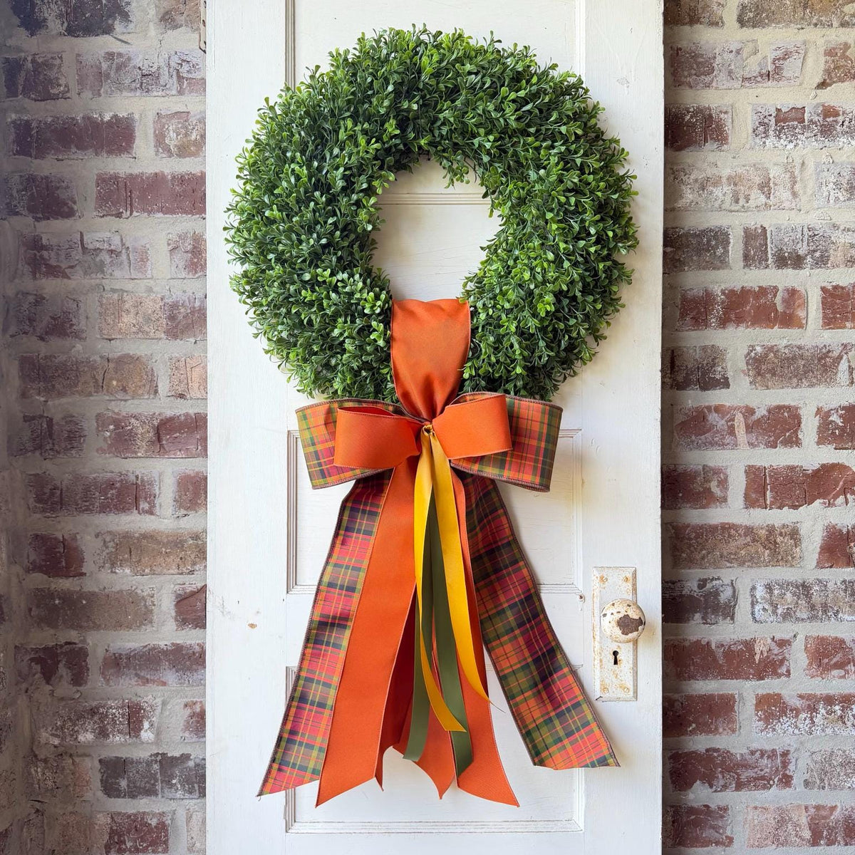 Fall Wreath with Wreath Sash Orange Plaid Bow Autumn Front Door Decor Boxwood Wreath Thanksgiving Door Wreath