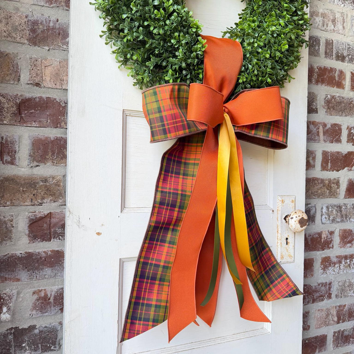 Fall Wreath with Wreath Sash Orange Plaid Bow Autumn Front Door Decor Boxwood Wreath Thanksgiving Door Wreath
