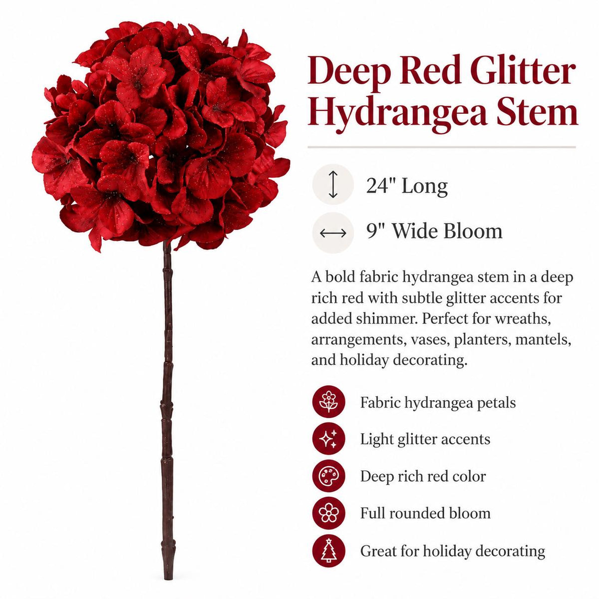 Red Hydrangea Stem Glitter Christmas Floral 24 Inch Artificial Flower Holiday Arrangement Mantel Wreath Decor
