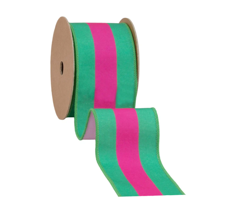 Hot Pink & Green Stripe Ribbon – 2.5” Wired Dupioni