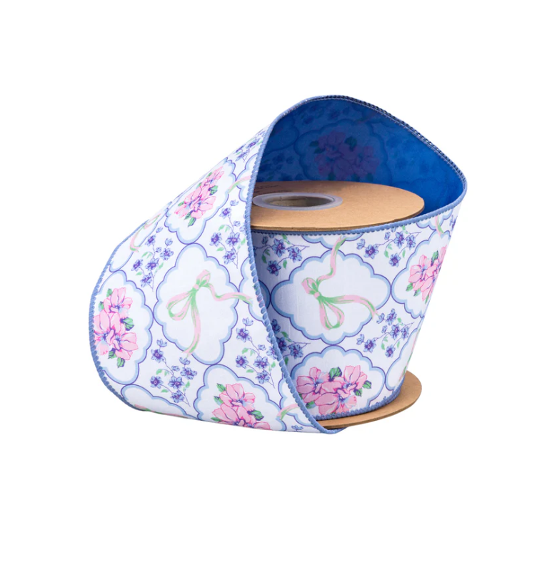Floral & Bow Medallion Ribbon, 4” Wired Dupioni, Blue Backing