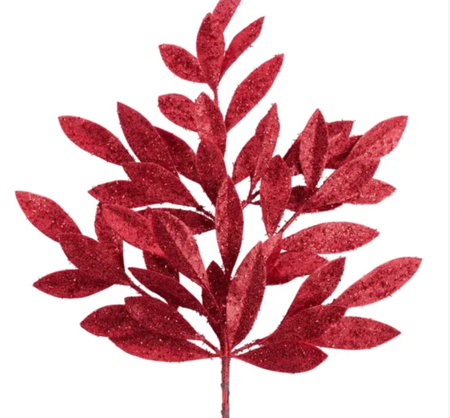 Red Glitter Bay Leaf Spray 23"L