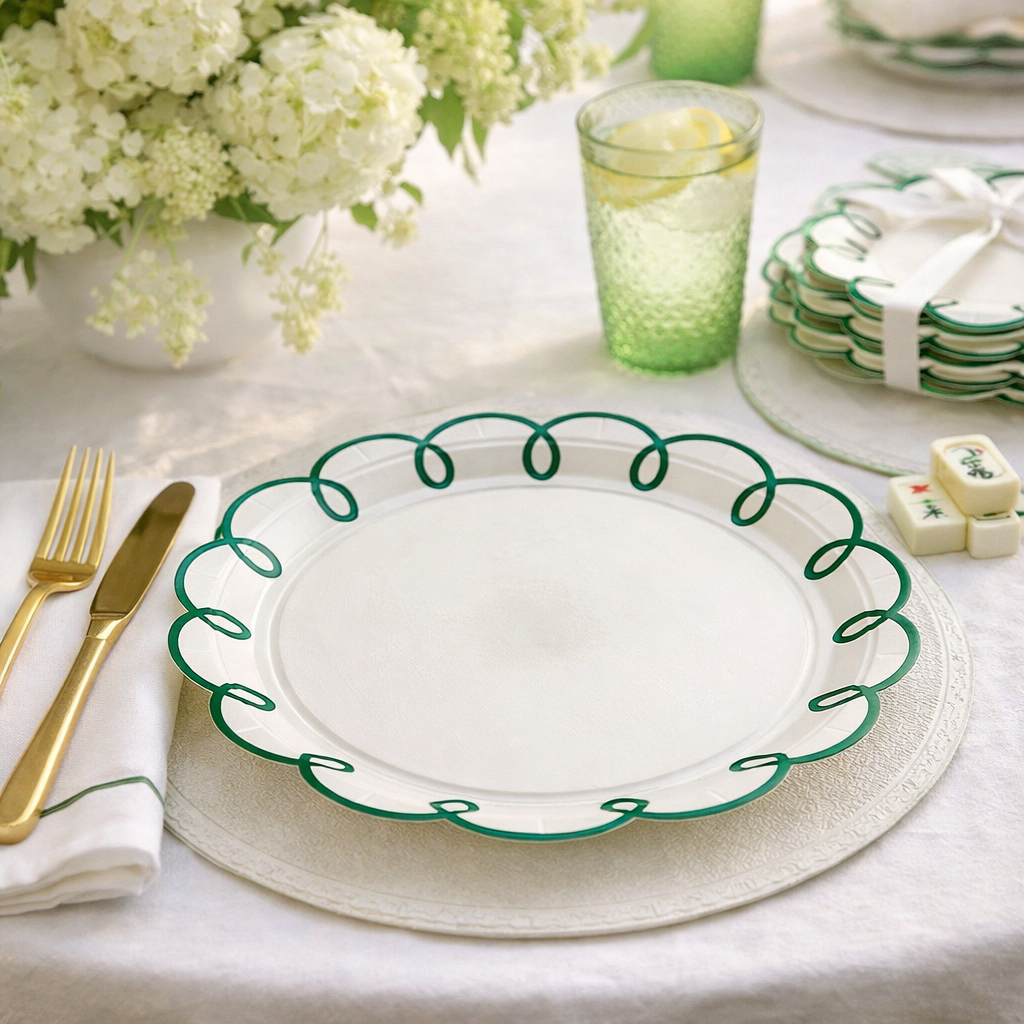 Green Scallop Paper Plates 9 Inch Party Plates Set of 8 Elegant Disposable Plates for Entertaining and Showers