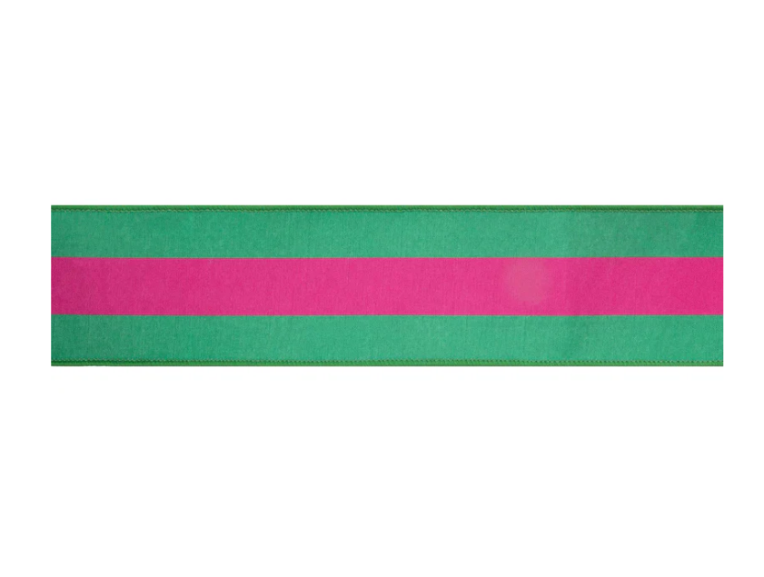 Hot Pink & Green Stripe Ribbon – 2.5” Wired Dupioni