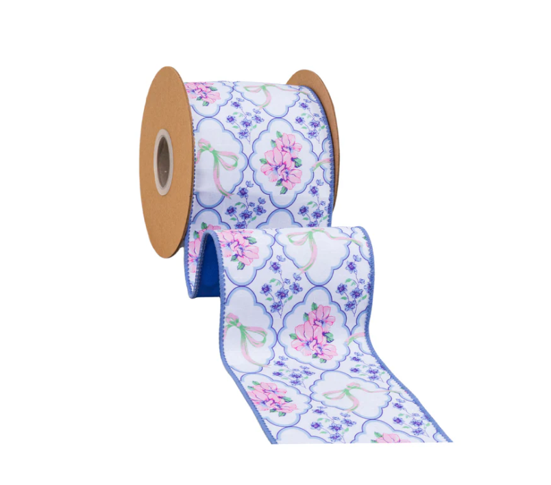 Floral & Bow Medallion Ribbon, 4” Wired Dupioni, Blue Backing