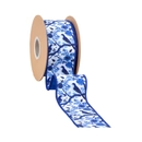 Blue & White Chinoiserie Birds Ribbon, 2.5” Wired Dupioni, Blue Backing