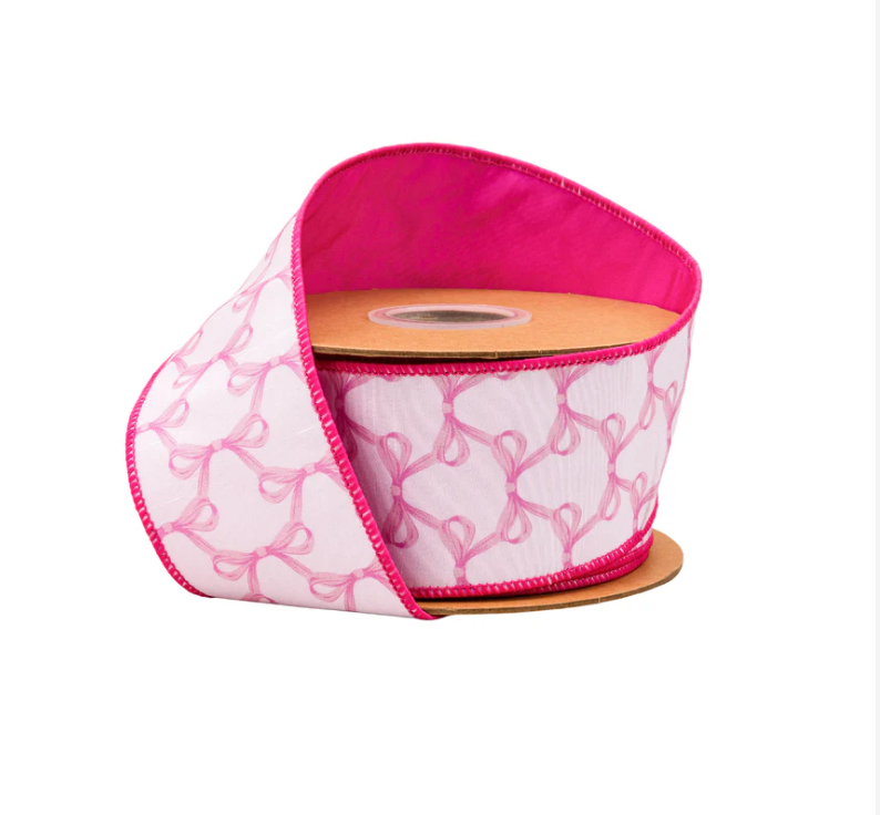Pink Bow Ribbon, 2.5” Wired Dupioni, White & Pink