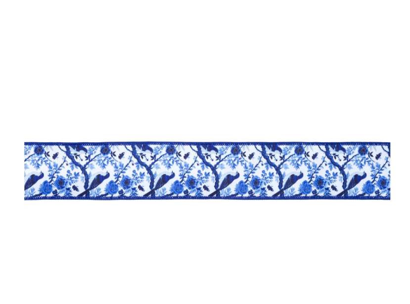 Blue & White Chinoiserie Birds Ribbon, 2.5” Wired Dupioni, Blue Backing