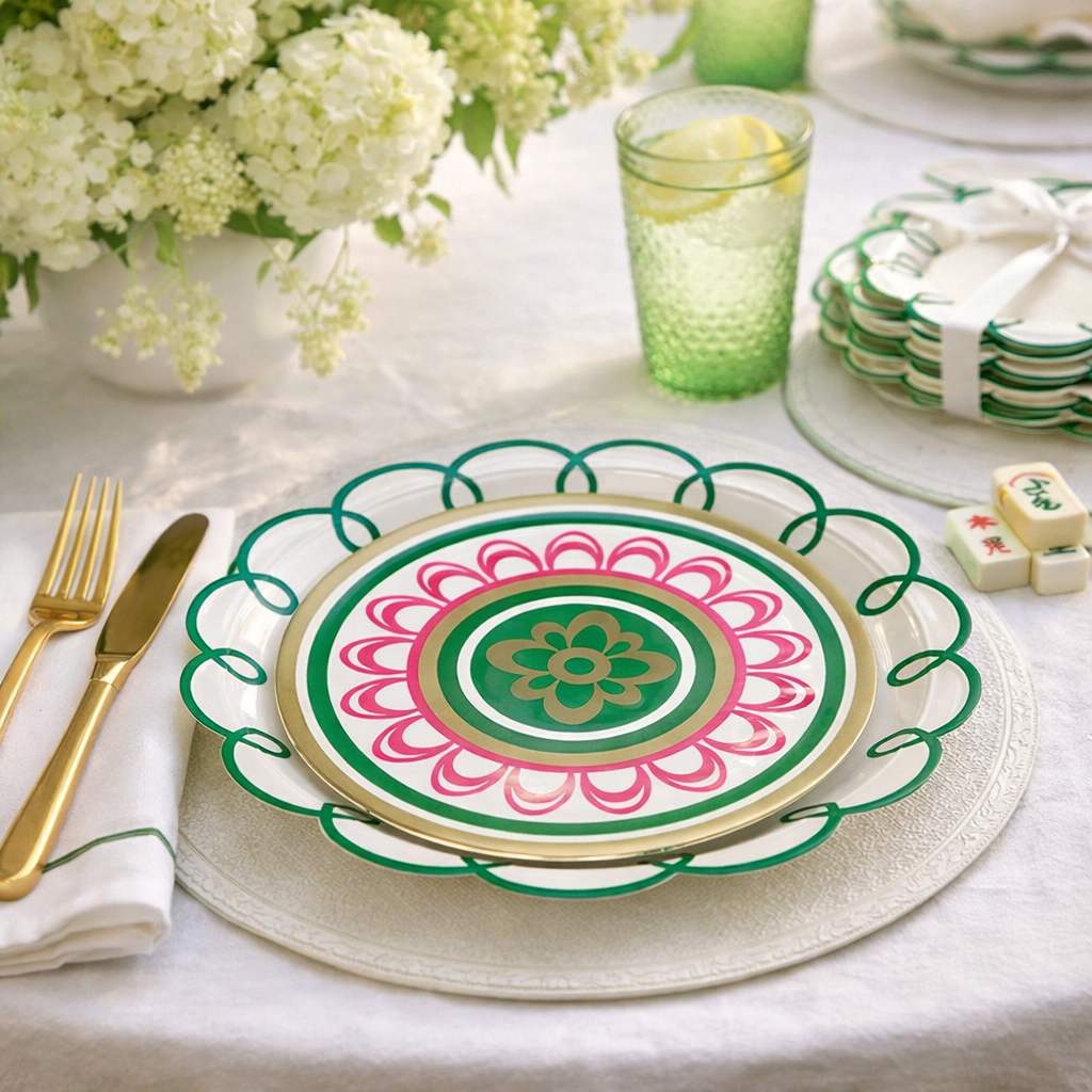 Mahjong Melamine Plates Set of 4 Pink Green Dinner Plates for Entertaining and Game Night