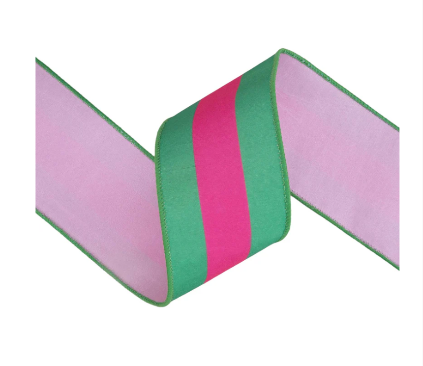 Hot Pink & Green Stripe Ribbon – 2.5” Wired Dupioni